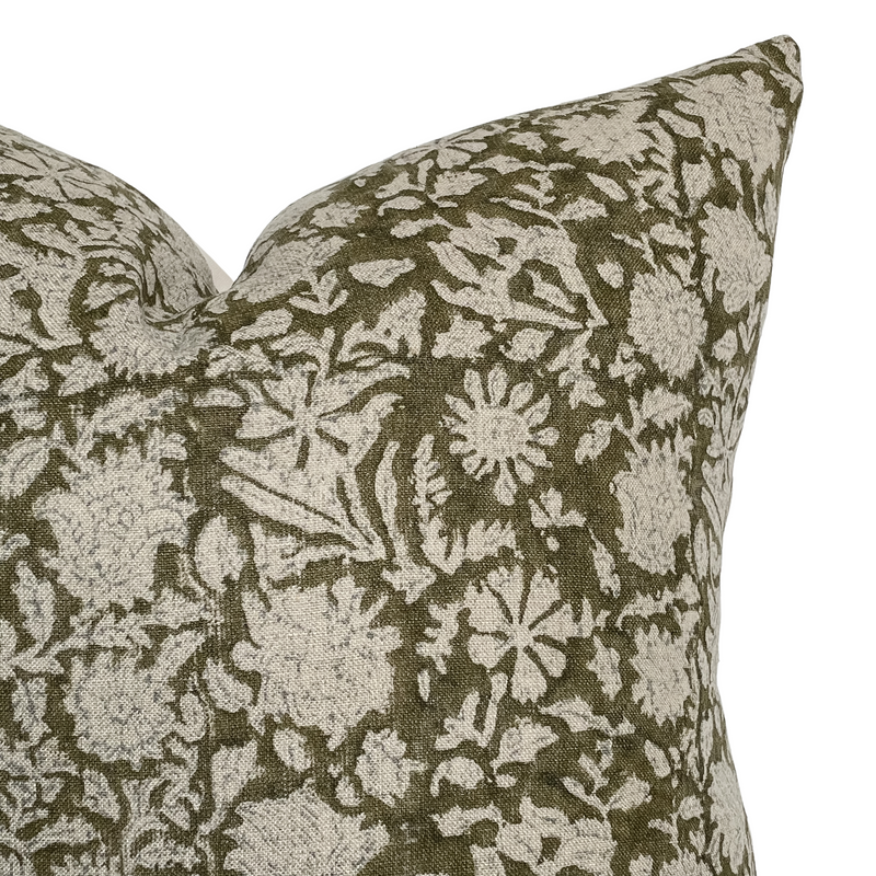 Sienna | Dark Olive Floral Handblock Pillow Cover