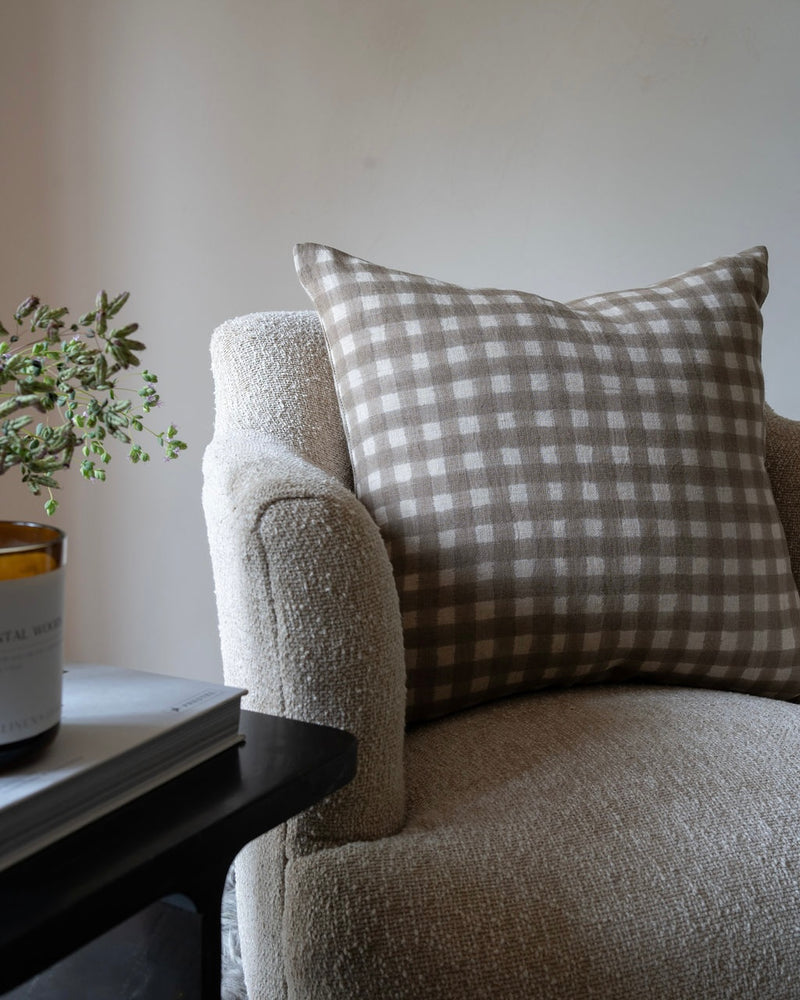Evan | Soft Brown Gingham Handblock Pillow Cover