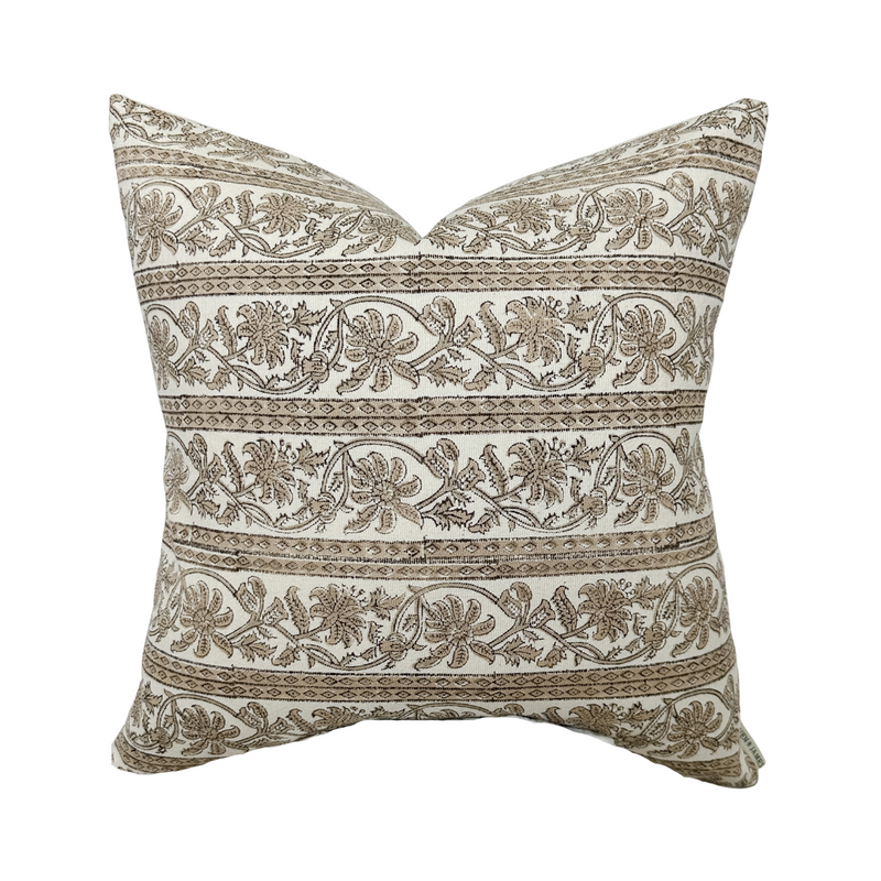 Helen | Warm Tan Floral Stripe Pillow Cover