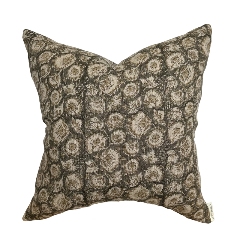 Jordan | Charcoal Tan Floral Handblock Pillow Cover