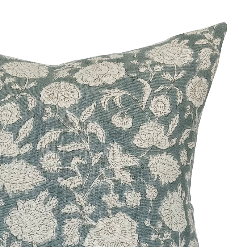 Lauren | Dusty Blue Floral Handblock Pillow Cover