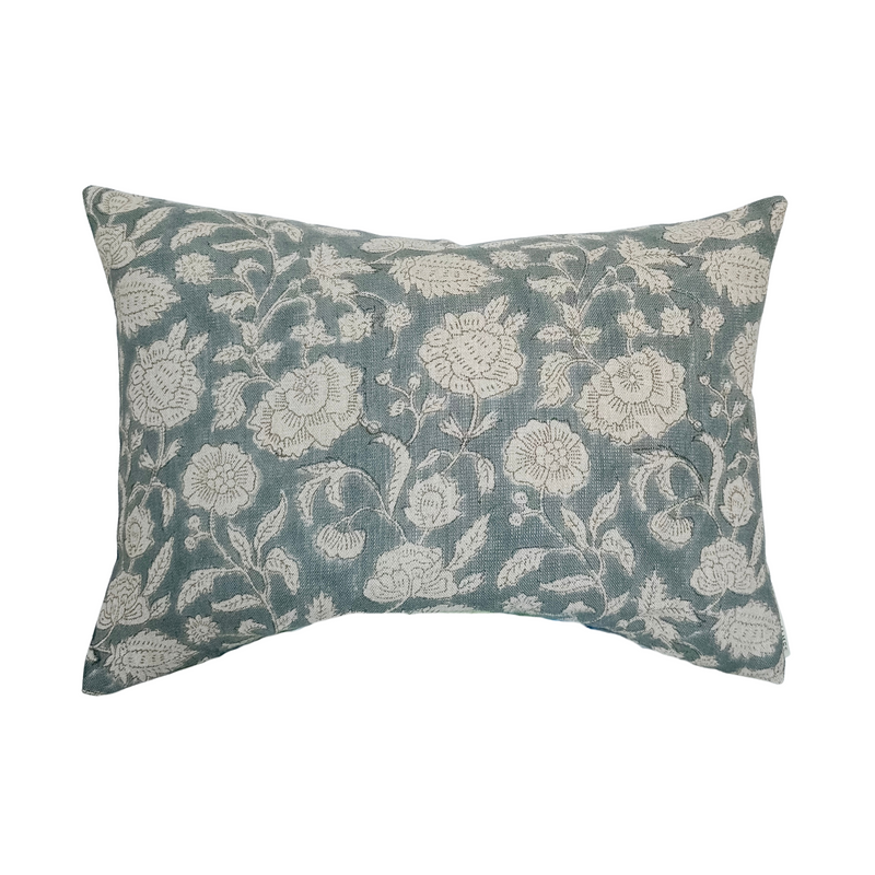 Lauren | Dusty Blue Floral Handblock Pillow Cover