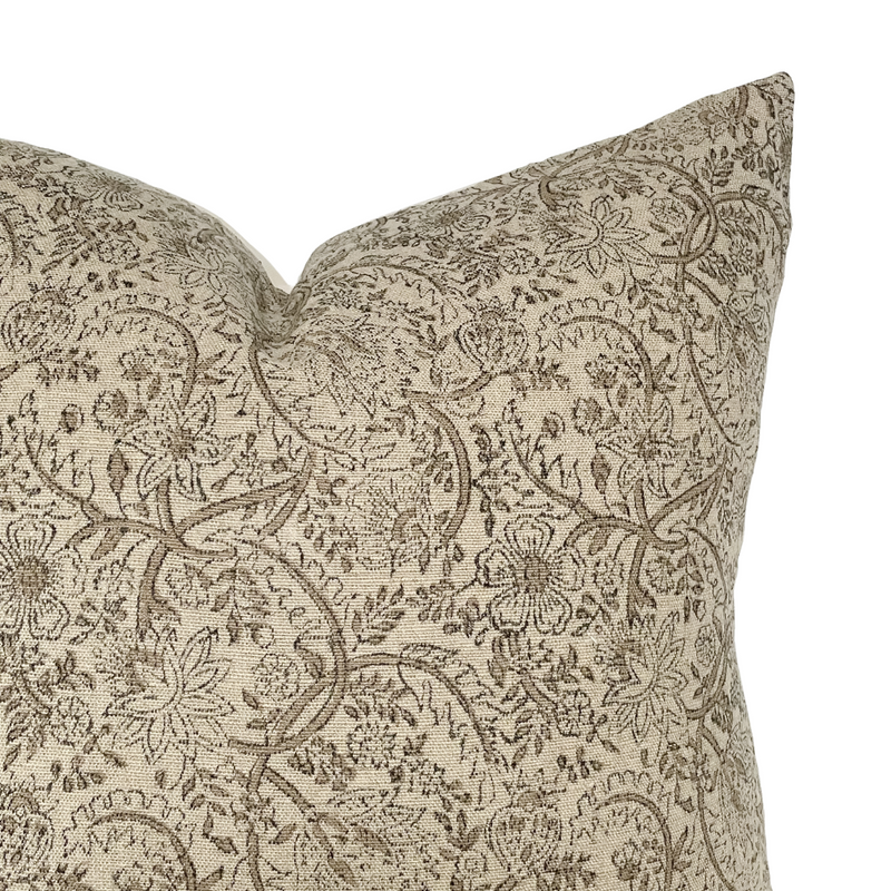 Drew | Natural Tan Floral Handblock Pillow Cover