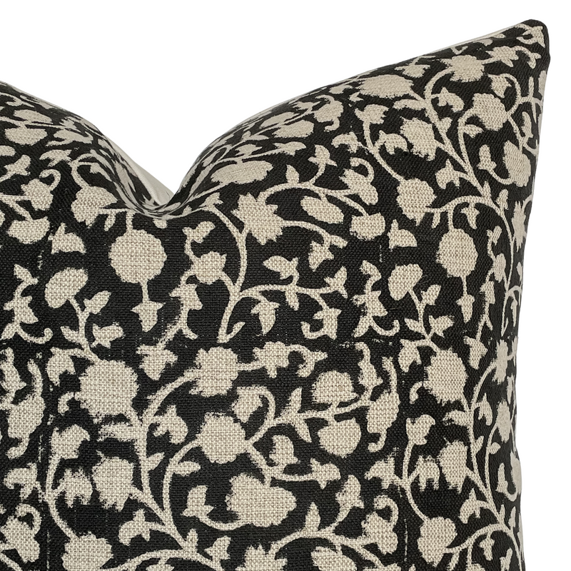 Kody | Black Floral Handblock Pillow Cover