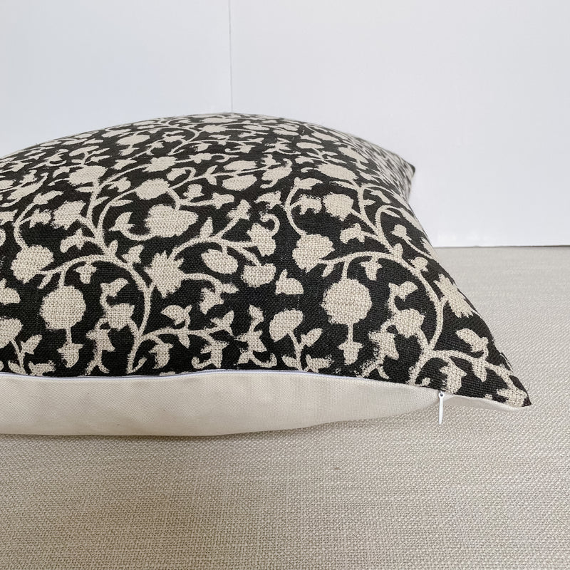 Kody | Black Floral Handblock Pillow Cover