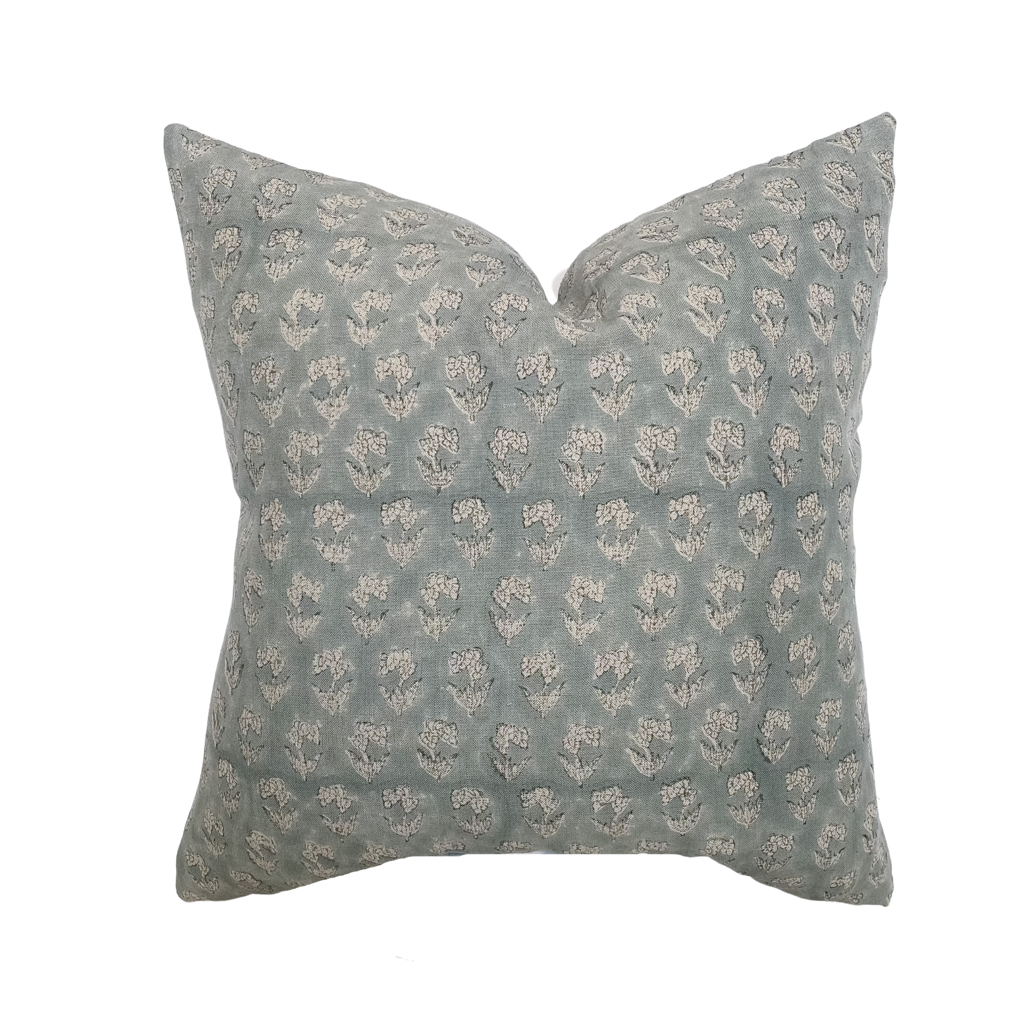 Mara Dusty Blue Floral Handblock Pillow Cover Linen James