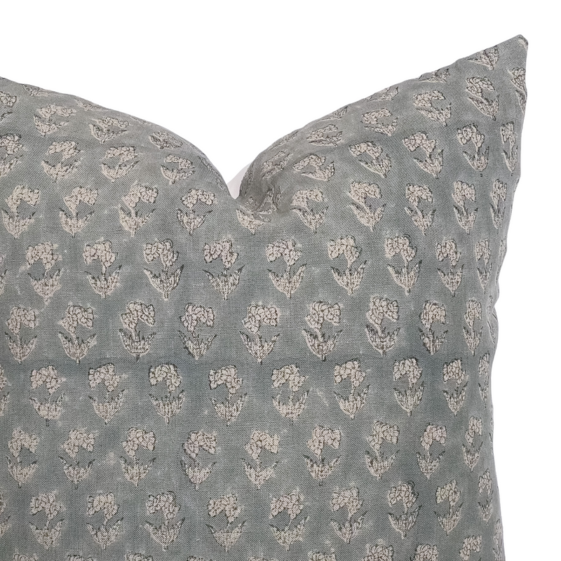 Mara | Dusty Blue Floral Handblock Pillow Cover