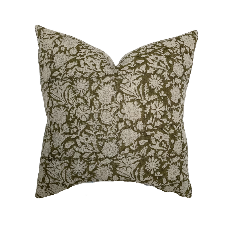 Sienna | Dark Olive Floral Handblock Pillow Cover