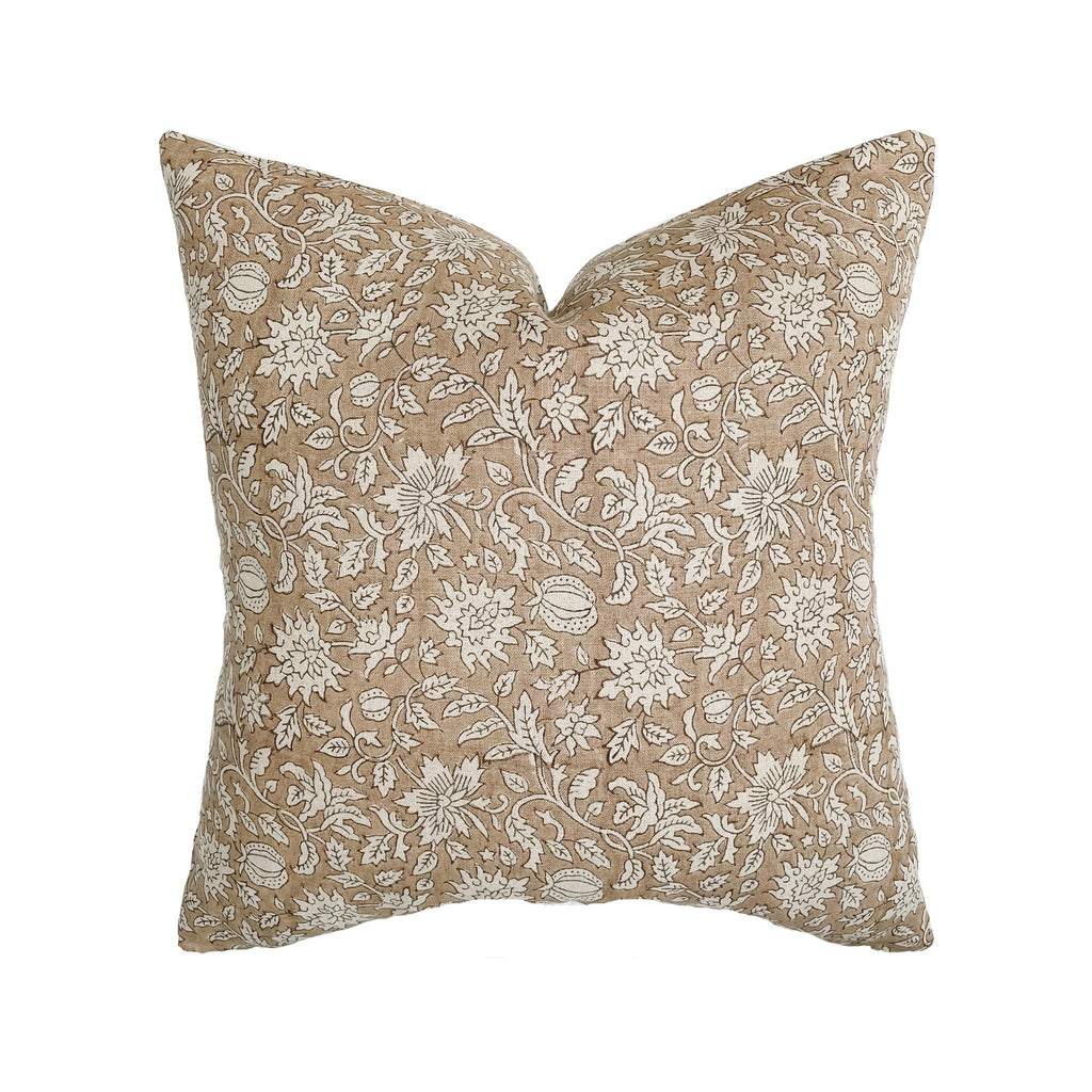 Blush Floral Handblock Linen Pillow Cover | Natural Dusty Rose Designer Fabric  | Neutral Home Decor | 18x18 | 20x20 | 22x22 | 24x24 | 12x20
