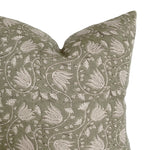 Sage Floral Handblock Linen Pillow Cover | Natural Sage Green Flax Designer Fabric | Neutral Home Decor | 18x18 | 20x20 | 22x22 | 12x20