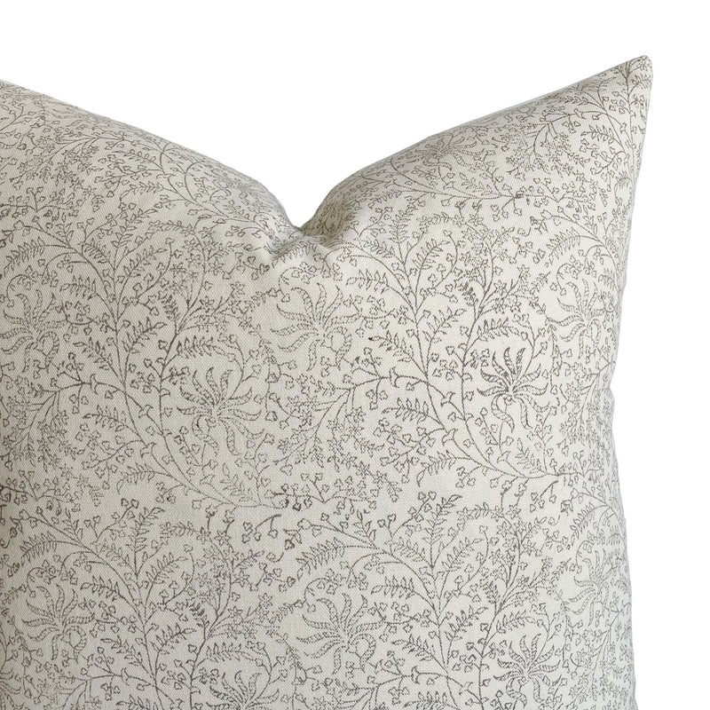 Soft White Floral Handblock Pillow Cover | Natural Ivory Grey Designer Fabric | Neutral Home Decor | 18x18 | 20x20 | 22x22 | 24x24 | 14x20