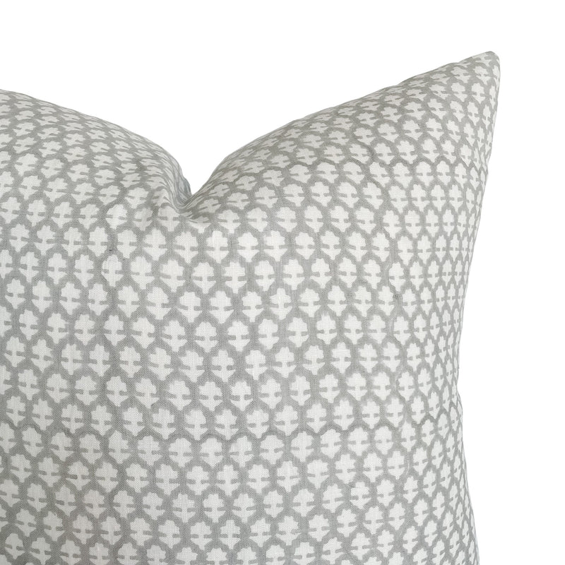Light Gray Handblock Linen Pillow Cover | White Grey Designer Woodblock Hand Woven | Neutral Home Decor | 18x18 | 20x20 | 22x22 | 12x20