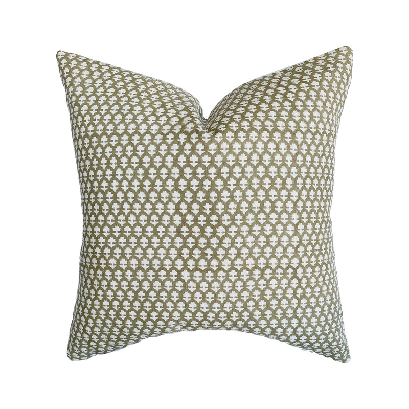 Olive Handblock Linen Pillow Cover | Ivory and Olive Green Woodblock Hand Woven | Neutral Home Decor | 18x18 | 20x20 | 22x22 | 12x20
