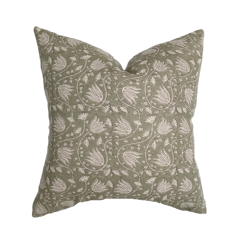 Sage Floral Handblock Linen Pillow Cover | Natural Sage Green Flax Designer Fabric | Neutral Home Decor | 18x18 | 20x20 | 22x22 | 12x20