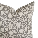 Soft Gray Floral Handblock Linen Pillow Cover | Natural Flax Grey Designer Fabric  | Neutral Home Decor | 18x18 | 20x20 | 22x22 | 24x24