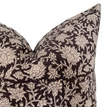 Black Floral Handblock Pillow Cover | Black Onyx Beige Designer Fabric  | Neutral Home Decor | 18x18 | 20x20 | 22x22 | 24x24